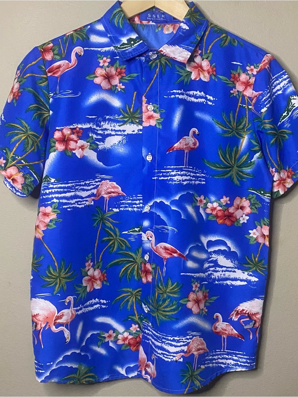 SSLR Collection Hawaiian Shirt Boys Large Button Up Blue Pink Flamingos Vacation